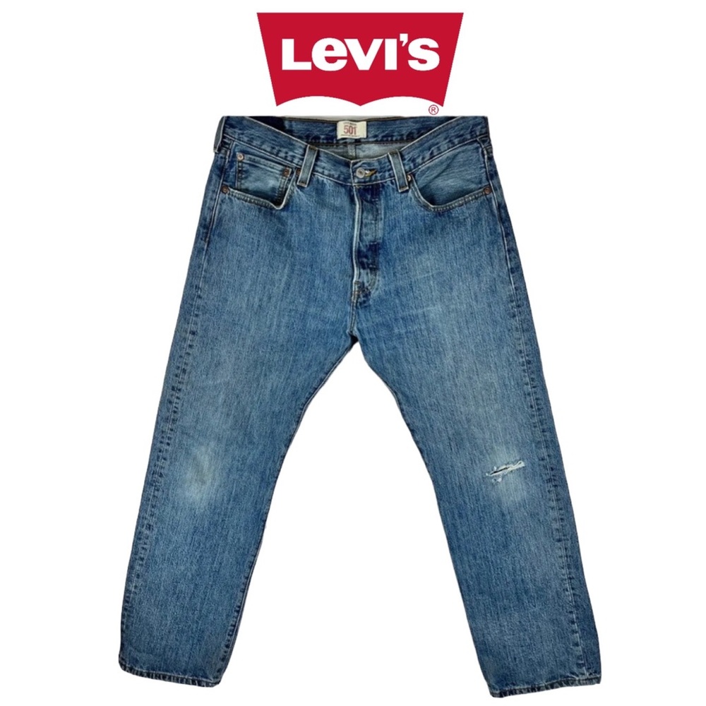 Levi’s 501 Jeans Mens 34x30 Blue Distressed Button Fly Straight Leg
